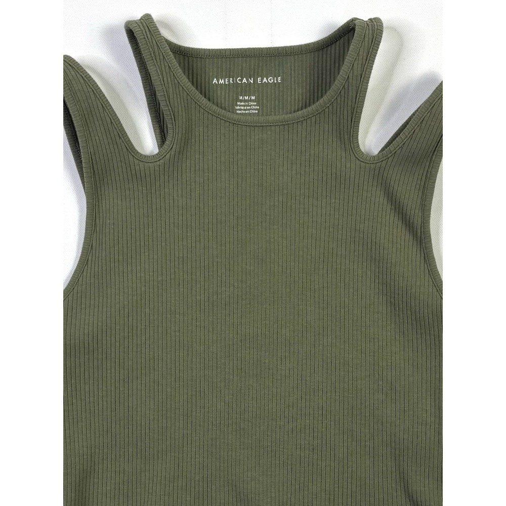 American Eagle Tank Top Womens Medium Sage Green Ribbed Cropped Cold Shoulder - Picture 8 of 9